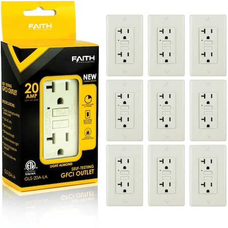 Faith Self-Test 20A GFCI Outlet Receptacle, Light Almond, PK 10 GLS-20A-LA-10
